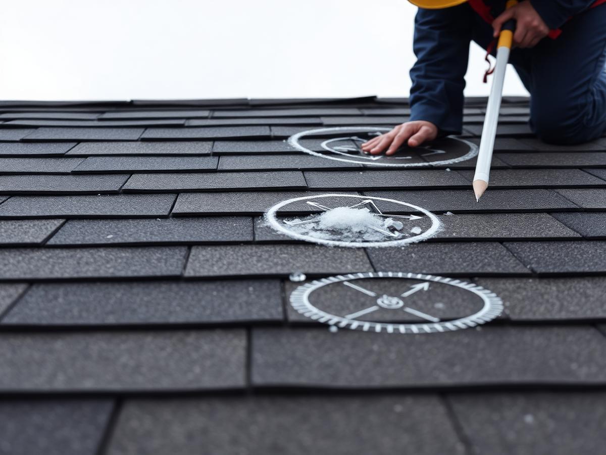 Inspector marking hail damage on shingles